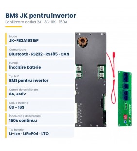 BMS JK-PB2A16S15P pentru invertor 8S–16S, 150A, echilibrare activă 2A, CAN / RS485 / Bluetooth BMS JK-PB2A16S15P pentru invertor 8S–16S, 150A, echilibrare activă 2A, CAN / RS485 / Bluetooth