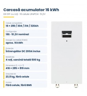 Carcasă acumulator DIY 16 kWh cu roți JKESS – kit pentru 16 celule LiFePO4 280–320Ah, 51,2V, întrerupător DC 200A Carcasă acumulator DIY 16 kWh cu roți JKESS – kit pentru 16 celule LiFePO4 280–320Ah, 51,2V, întrerupător DC 200A