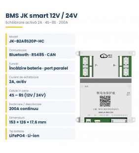 BMS JK-B2A8S20P-HC smart 4S–8S (12V / 24V), 200A, echilibrare activă 2A, Bluetooth / RS485 / CAN, încălzire BMS JK-B2A8S20P-HC smart 4S–8S (12V / 24V), 200A, echilibrare activă 2A, Bluetooth / RS485 / CAN, încălzire